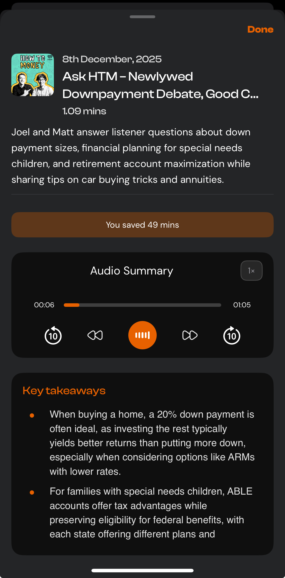 Synchrono audio player showing time saved