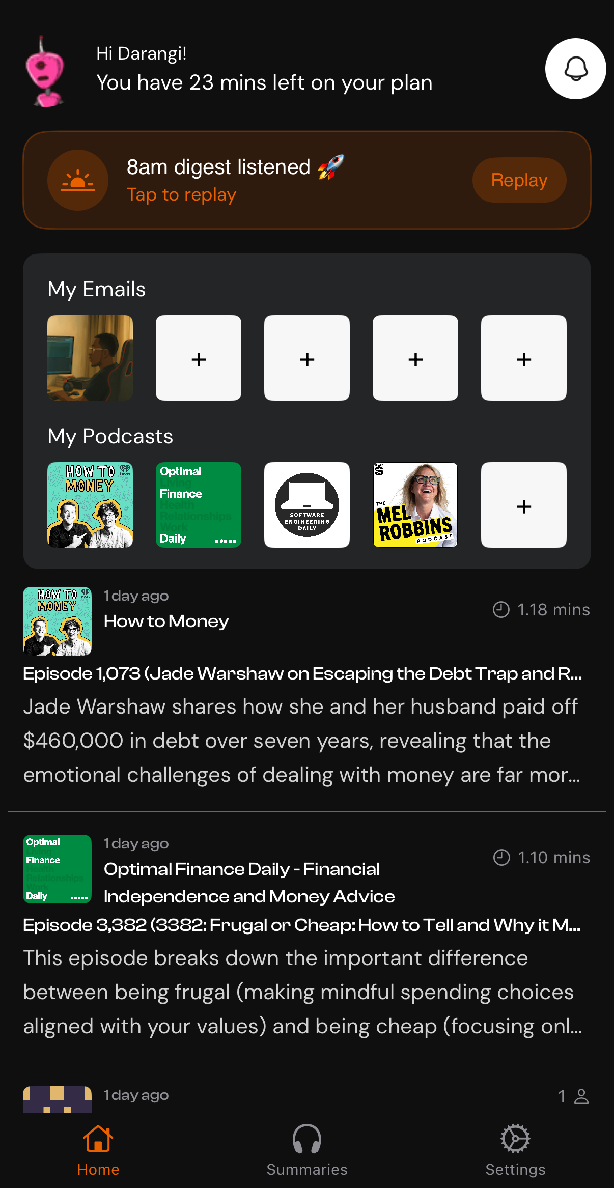 Synchrono app home screen showing digest, emails, and podcasts